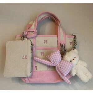 Madden Girl Pink Bow Tote Bag Teddy Bear, Checkered Bow, Red Heart
